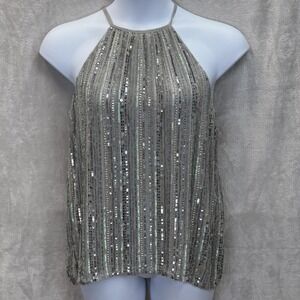 Parker Tank Womens L‎ Silver Sequin Halter Camisole Lined Adjustable Chiffon